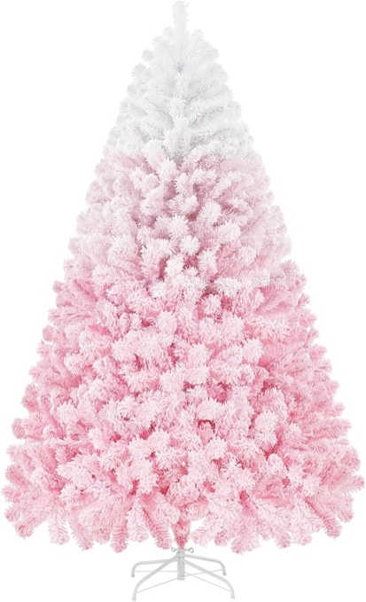 Yaheetech 7.5ft Premium Snow Flocked Artificial Christmas Tree Hinged Pine Full Holiday Xmas Tree for Home Office Party Decoration w/1284 Branch Snow Tips & Metal Stand, Pink Gradient & White