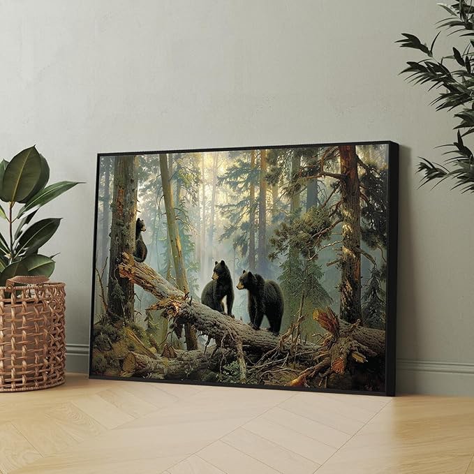 Bear Canvas Wall Art, Bears Play in Forest Broken Tree Wall Art, Black Bear Wall Decor, Forest Canvas Wall Art, Forest Wall Decor, Landscape Wall Art, Rustic Farmhouse Wall Decor (Black, 30"x20" | 76x51cm) Similar 
