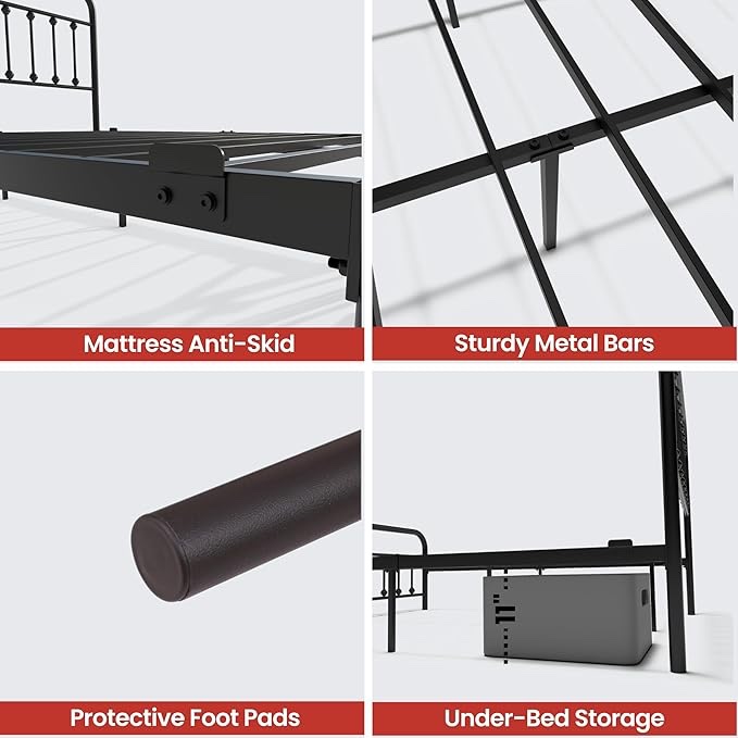 Golden Gate Beds Vintage Platform Queen Bed Frame - Sturdy Metal Frame with Headboard & Footboard - Industrial Style, Steel Queen Size Frame, 1000 lbs Capacity, Underbed Storage - Queen Size, Black  Similar ( incomplete)