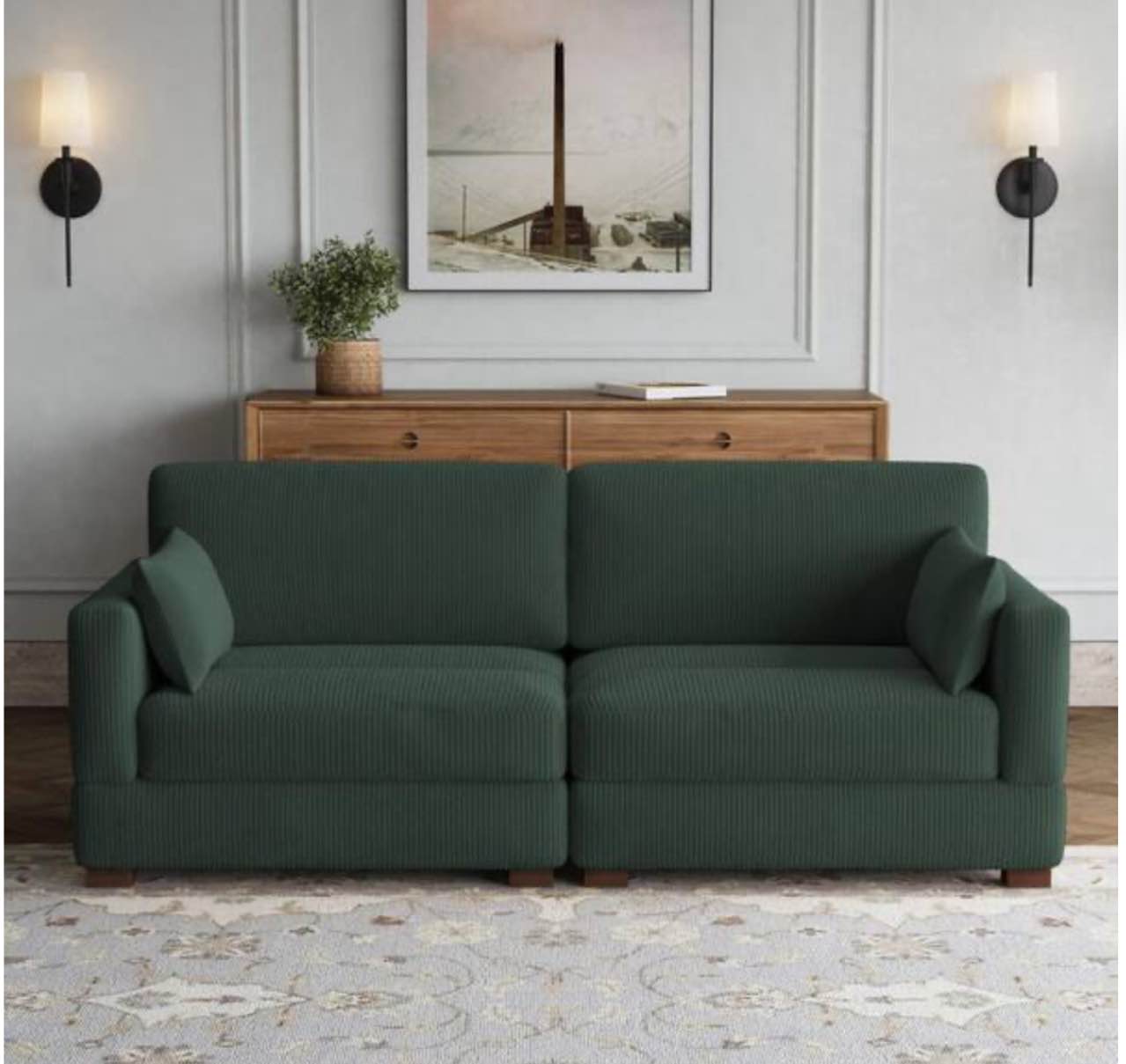 84.6 in. Modern Square Arm Corduroy Fabric Upholstered Rectangle 2-Seater Sofa in. Hunter Green With Two Pillows