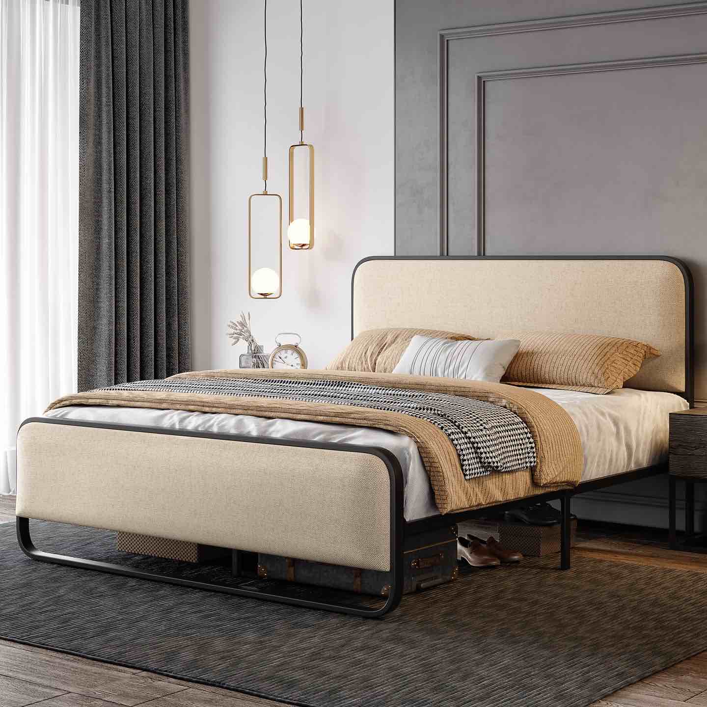Metal Bed Frame with Curved Upholstered Headboard and Footboard Queen size