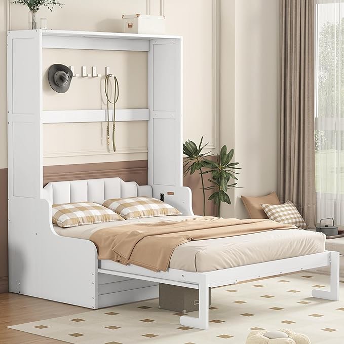 Queen Size Murphy Bed Wall Bed with Cushion, Versatile Murphy Sofa, Space-Saving Wall Bed for Multipurpose Guest Room (White-bc9)