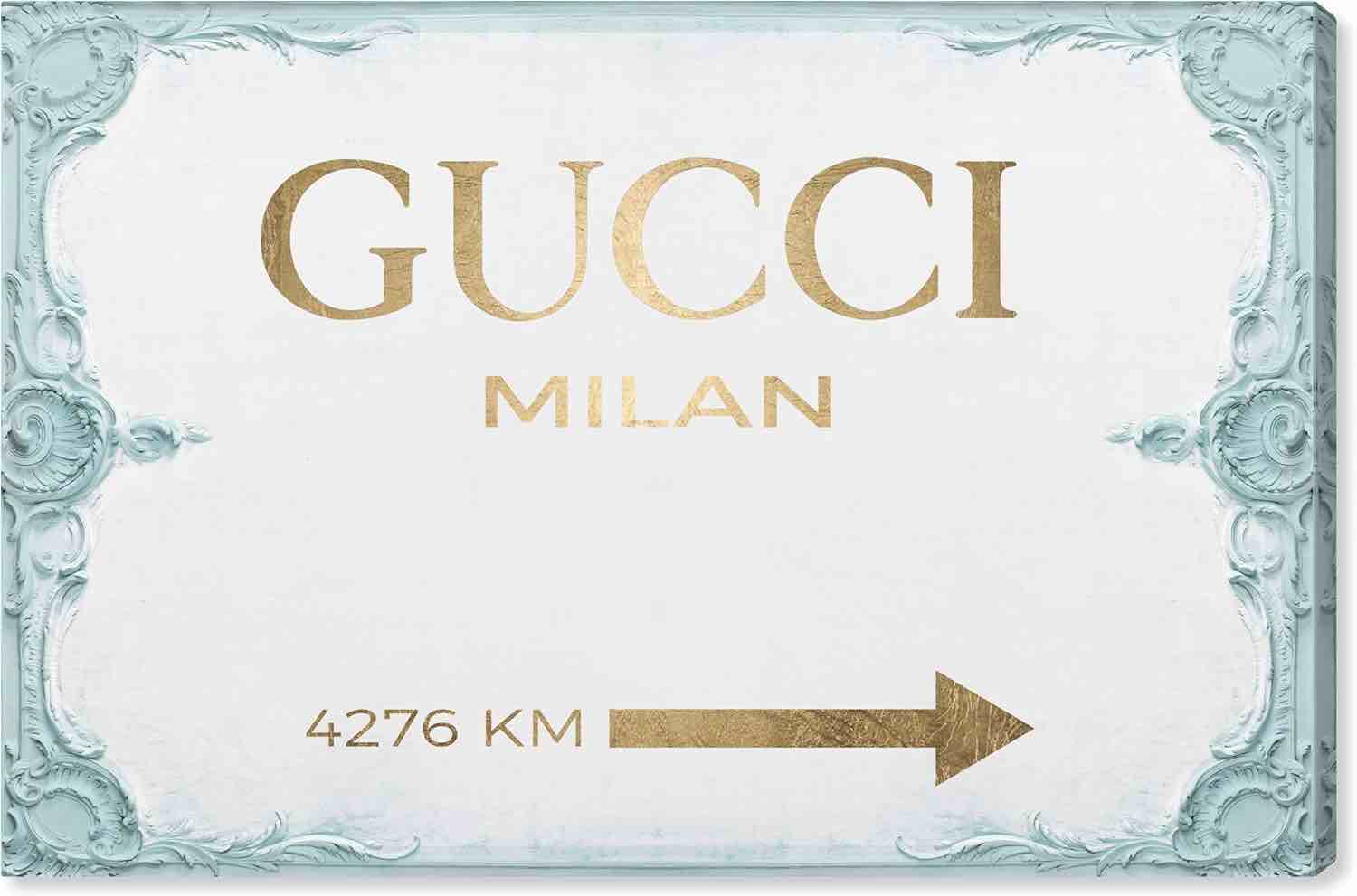 Oliver Gal The Artist Co. Fashion and Glam Wall Art Canvas Prints 'Milan Sign Aqua' Home Dcor, 24" x 16", Gold, Blue