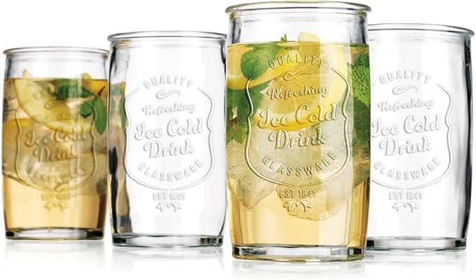  Glassware, Ice Cold Drinking Glasses Set of 4  18 Oz Vintage Glass Cups for Kitchen, Dining Table   Tumblers. Hand Wash.
