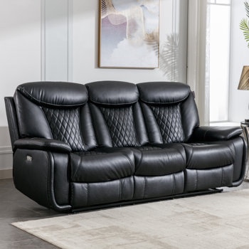 Saneela 84.6'' Wide Breathable Leather Pillow Top Arm Power Reclining Sofa with Diamond Stitching
