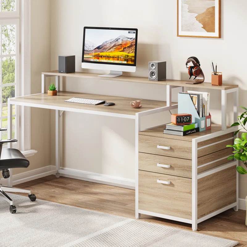 Denfield Desk with Hutch, Drawers, Elevated Monitor Riser Stand