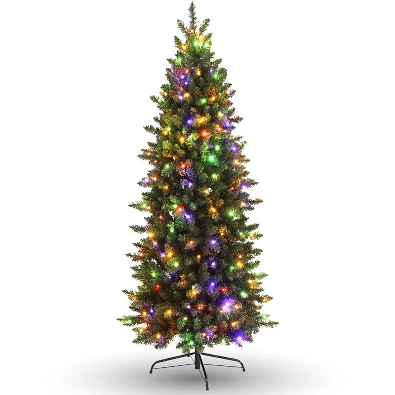 6 Ft Pre-Lit Pencil Artificial Christmas Tree With Multicolor LED Lights - Slim Green Xmas Tress, Easy Assembly, Hinged Branches, And Sturdy Metal Stand