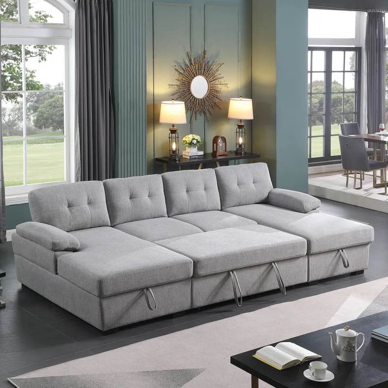 ( incomplete) Allan 120” Sectional Sofa Couch Sleeper Bed With Storage Double Reversible Chaise size Queen color Light Gray Linen