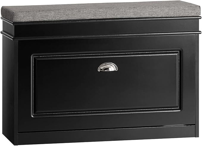Haotian FSR82-L-SCH, Black Hallway Shoe Bench Shoe Rack Shoe Cabinet with Flip-Drawer and Seat Cushion