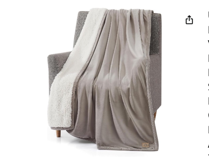 UGG 01464 Bliss Sherpa Fully Reversible Throw Blanket for Bed or Couch Easy Care Soft Plush Machine Washable Luxury Oversized Accent Blankets, 70 x 50-Inch, Oyster
