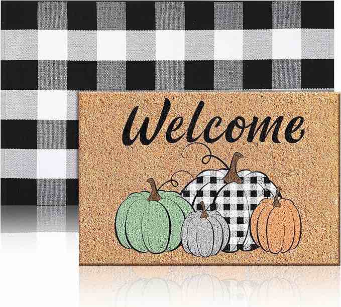2 Pcs Thanksgiving Coir Welcome Doormat Fall Rug Outdoor Mat Layered Buffalo Plaid Mat Thanksgiving Mats Pumpkin Maple Mat for Autumn Fall Front Porch Outdoor Entryway