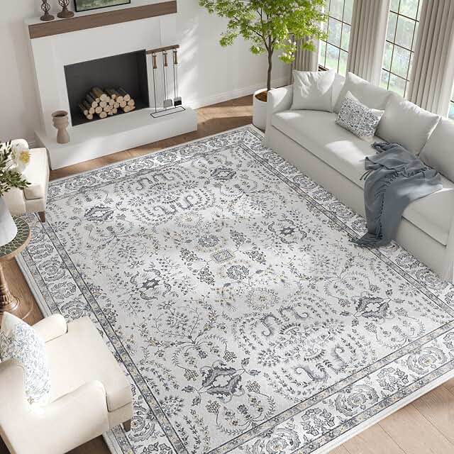 jinchan Area Rug 8x10 Washable Boho Living Room Soft Rug Indoor Floral Print Carpet Distressed Light Grey Bedroom Rug Dining Room Kitchen
