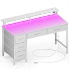 Linze Computer Desk with Drawers and Monitor Shelf, Gaming Desk with RGB LED Lights & USB Ports