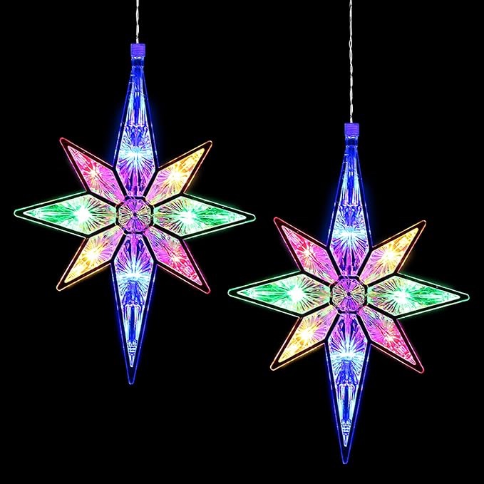 10.8 Inch Christmas Window Star Lights Plastic Lighted Star Tree Topper Decoration Large Hanging Stars Christmas Window Lights LED Star Window Silhouette Decoration (Warm White,2 Pieces)