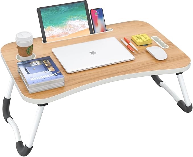 BUYIFY Folding Lap Desk, 23.6 Inch Portable Wood Yellow Laptop Bed Desk Lap Desk with Cup Holder, for Working Reading Writing, Eating, Watching Movies for Bed Sofa Couch Floor
