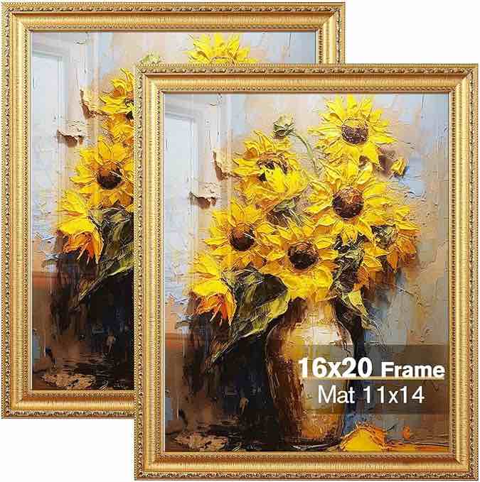16x20 Gold Picture Frame, Photo Frame for Wall or Tabletop Display, 2 Pack Ornate Vintage Picture Frames with Non Glare Plexialass, Display Poster 11x14 with Mat or 16x20 without Mat for Antique Déco