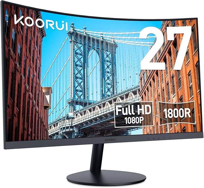 KOORUI 27 inch Curved Computer Monitor Full HD 1080P 75Hz Gaming Monitor 1800R LED Monitor HDMI VGA, Tilt Adjustment, Eye Care, Black 27N5C