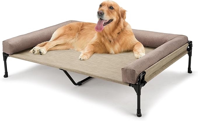 Veehoo Elevated Raised Dog Bed-Cooling Outdoor Dog Cot Bed for Large Sized Dogs Three-Sided Fence Raised Pet Cot with Mesh & No-Slip Feet Dog Hammock Bed with Removable Bolster-47 x 29" Beige Coffee