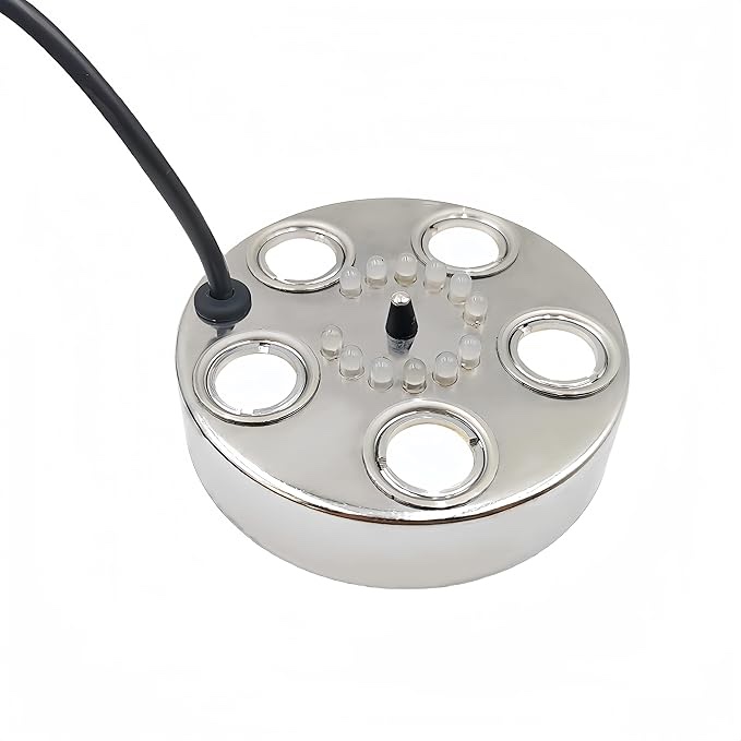 Fabricante de niebla de fiesta de Halloween, 5 cabezales de pulverización, fuente de estanque de agua ultrasónico, nebulizador de 12 LED de luz roja, amarilla y azul, atomizador de aluminio,