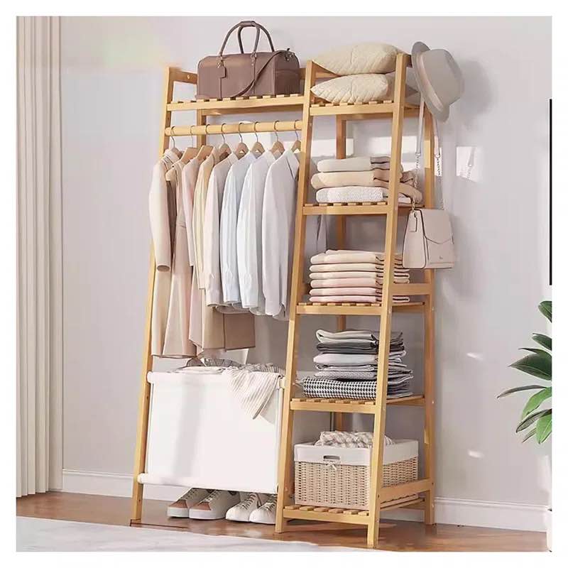 Bamboo 32" W Garment Rack with Hanging Rod ,Storage Shelves and Bag