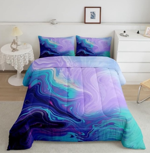 Feelyou Marble Printed Comforter for Girls Boys Teens Abstract Art Bedding Set Twin Women Men Decorative Modern Bright Comforter Set Purple Teal Duvet Set All Season 