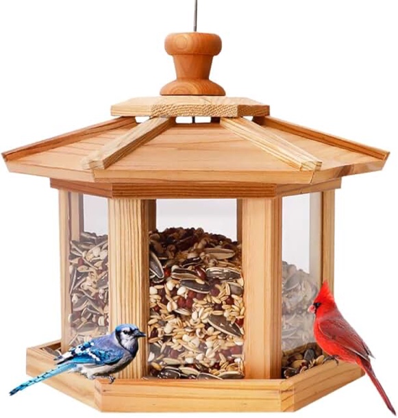 Solution4Patio Hexagon Shaped Gazebo Bird Feeder, USA Cedar, Hollow Mesh Tray, Large Capacity, Easy to Clean & Fill, 9.6" Dia. X 8.7" H, G-B121A00-US