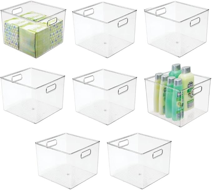 mDesign Plastic Modern Storage Organizer Bin Basket with Handles for Bathroom Organization - Shelf, Cubby, Cabinet, Vanity, and Closet Organizing Decor - Ligne Collection - 7Pack - Clear