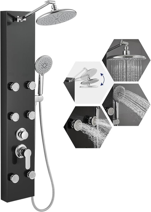 ROVATE Shower Panel Tower System with Adjustable Rainfall Shower Head, Black Shower Column with 6 Body Massage Jets and 5 Functions Handheld Shower, 304 Stainless Steel Shower Tower Wall Mounted