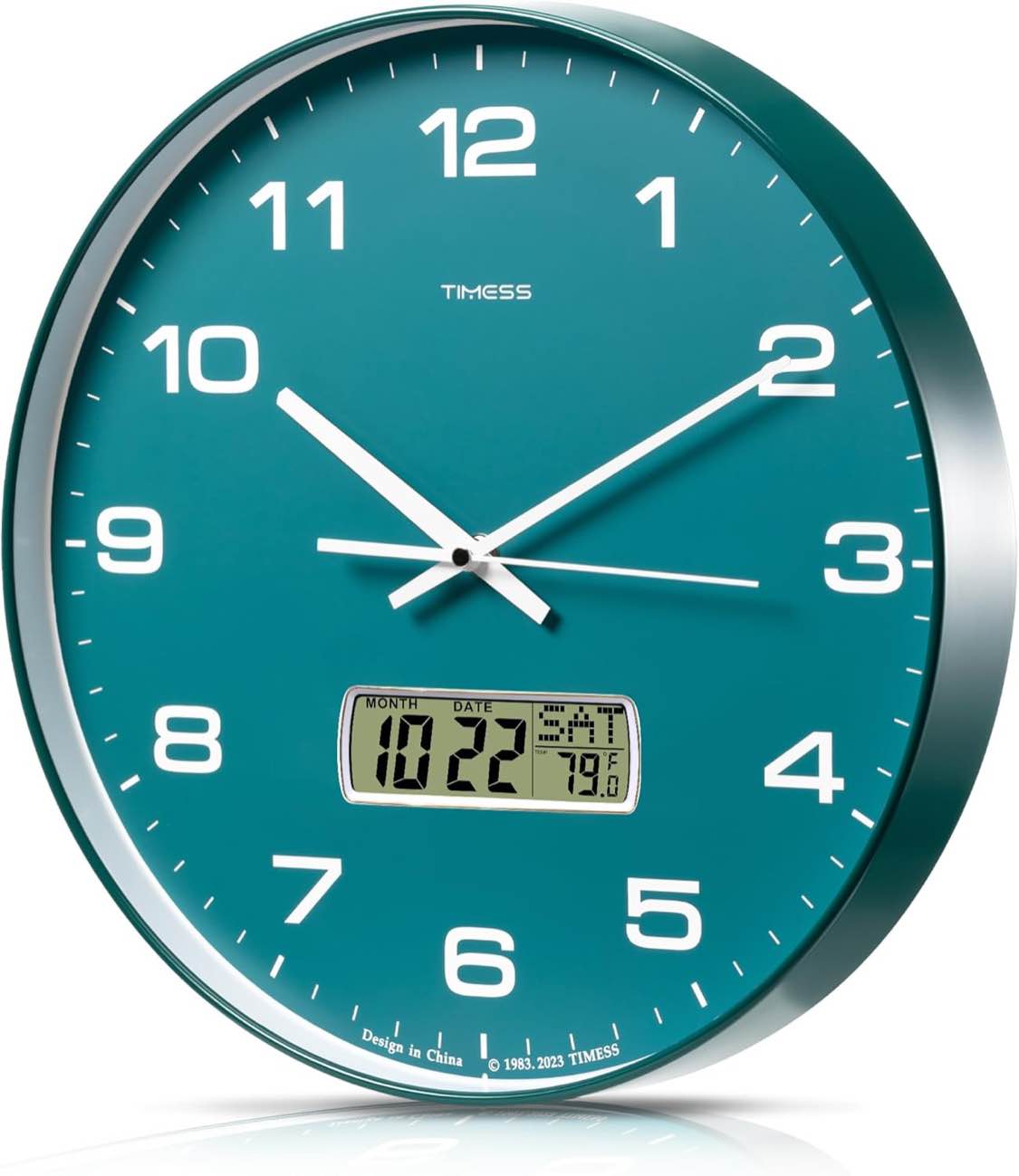 TIMESS Wall Clock, 14" Large Dial Non-Ticking Silent Battery Operated Analog with LCD Display for Perpetual Calendar and F° Temperature, Ideal for Bedroom, Kitchen, Office Decor (Green) Calendar Green