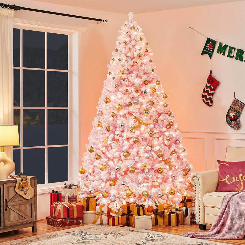 Pre-lit Flocked Artificial Christmas Tree with Foldable Stand