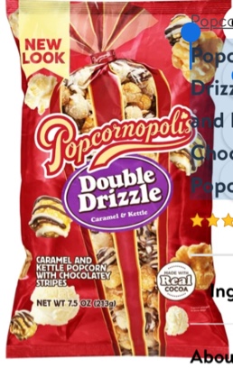 best before 06/07/2025 Popcornopolis Double Drizzle 7.5 oz Bag, Caramel and Kettle with Chocolatey Stripes Popcorn