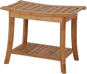 Kinsuite Bamboo Wooden Shower Bench Seat Bathroom Shower Chair with Storage Shelf Organizer Stool Indoor Bathing Bench for Inside Shower