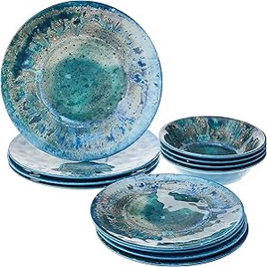 Certified International Radiance 12 Piece 100% Heavyweight Melamine Dinnerware Set, Service for 4 (Available in TEAL or CREAM)