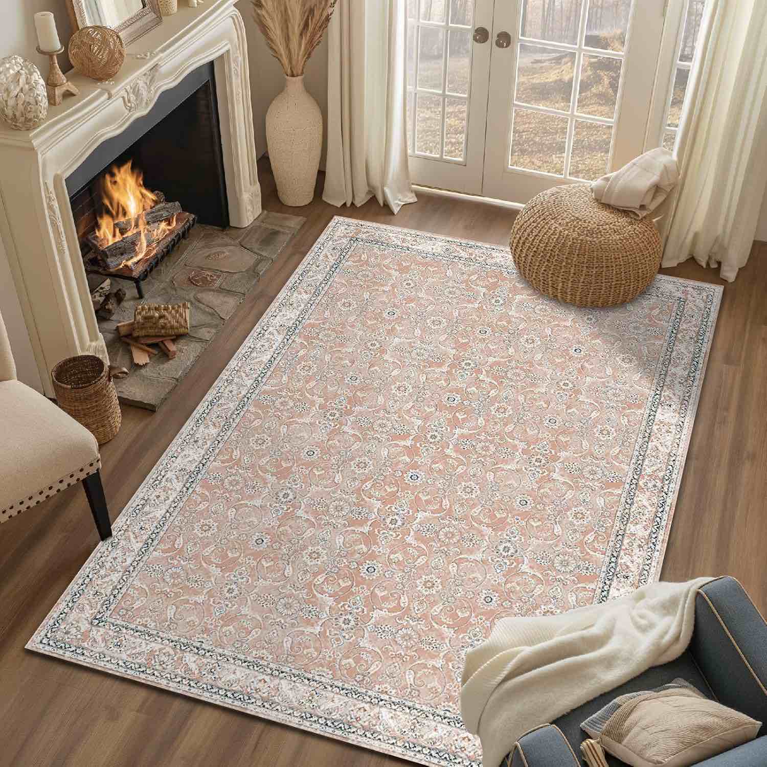 jinchan Area Rug- Persian Rug Vintage Floor Cover Foldable Thin Rug Indoor Retro Blush Pink Floral Print Distressed Carpet Non Slip Kitchen Living Room Bedroom Dining Room