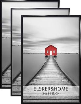 ELSKER&HOME 16x20 Picture Frame,Photos 11x14 with mat or 16 x 20 without Mat,Black Poster Frame Set of 3, Include 3 Wall Art Prints, Horizontal and Vertical Wall Mounting Black with White Mat 16x20