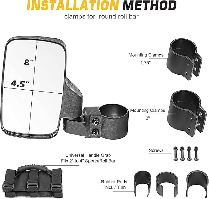 WSays 15" Wide Center View Mirror for 2" roll Bar & UTV Right & Left Side View Mirrors with 1.5"-2" Adjustable Clamp & Grab Handle Set Compatible with Can-Am Polaris UTV Honda Talon Kawasaki Kubota
