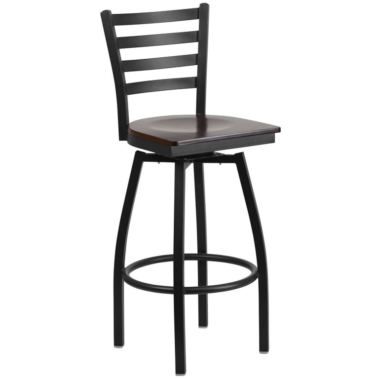 ( 5 PCs) HERCULES Series Black Ladder Back Swivel Metal Barstool - Walnut Wood Seat