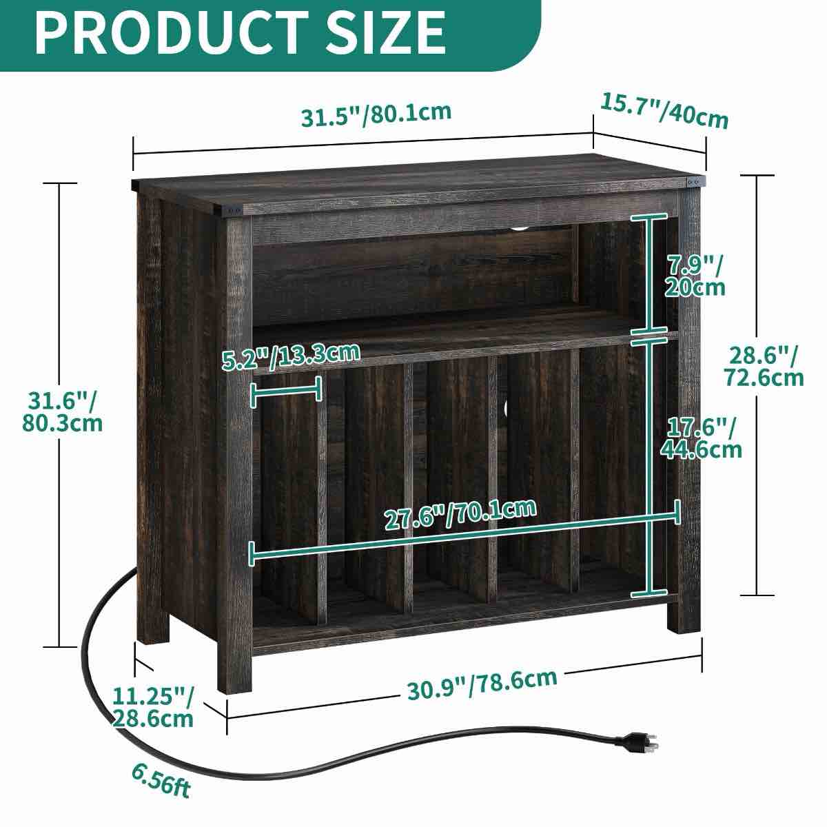 FTLFST-6015 Farmhouse Style Record Player Stand With Power Outlets & LED Lights