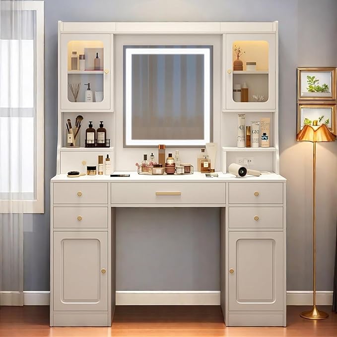 ( similar)BSW03 Makeup Vanity Desk with Mirror and Lights, Large Vanity Table Set with 6 Drawers & 2 Storage Cabinet & Shelves with Doors, with Charging Station, 3 Lighting Modes Brightness Adjustable