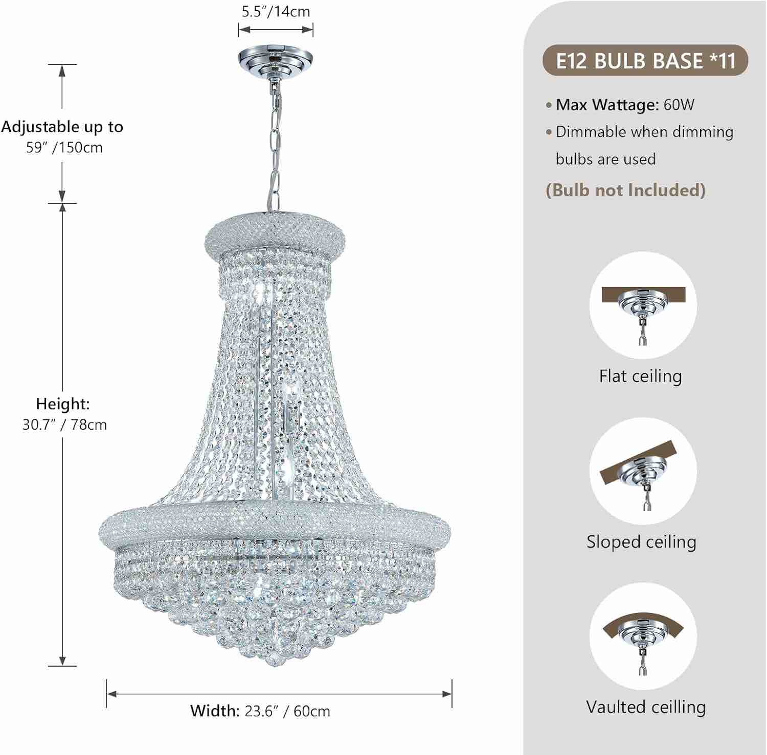 Modern Crystal Chandeliers Light Fixture,11-Light Empire Style K9 Crystal Chandeliers for Entryway, Chrome Finish Luxury Chandeliers for Living Room Bedroom Stairway Foyer Hallway D23.6