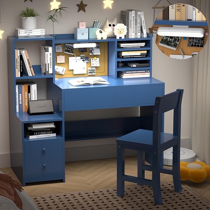 Kids Study Desk with 3-Color Lights,Childrens Computer Desk with 4 Drawers, Blue Kids Desk and Chair Set for 5-12 Year Old,Kids Study Table with Storage Shelf-pS10