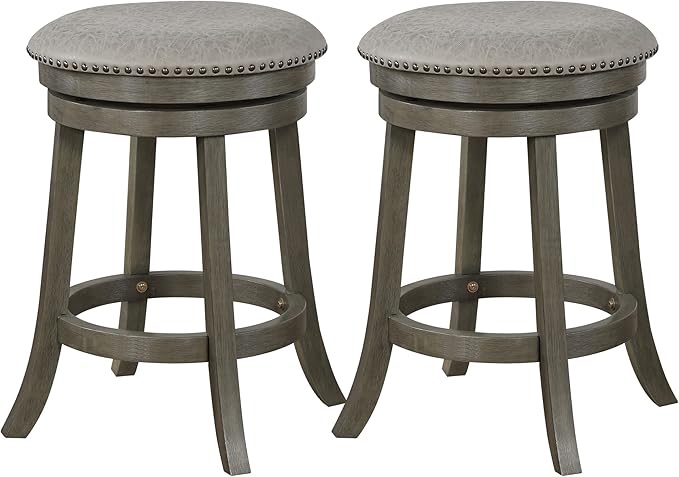 OSP Home Furnishings Metro Backless 26" Round Swivel Stool with Padded Seat and Attached Foot Rest 2-Pack, Dove Faux Leather with Antique Grey Frame