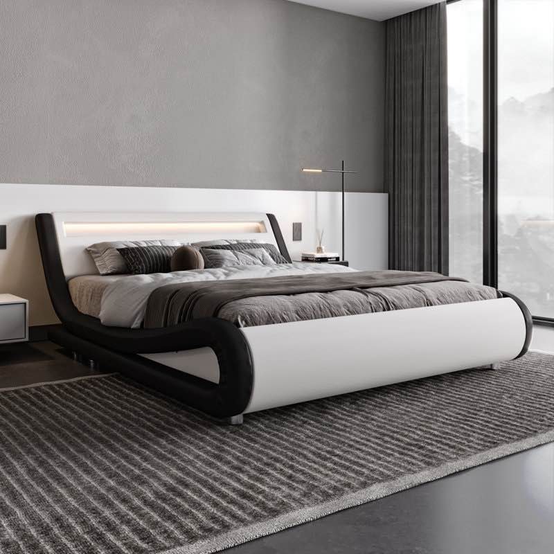 LED Sleigh Bed Frame With Adjustable Headboard white/ black Size King 