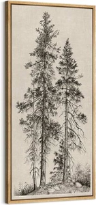 (broken frame ) Vintage Pine Tree Drawing Classic Country Rustic Artwork - Extra Large Framed Wall Art Canvas Print 60"x30"