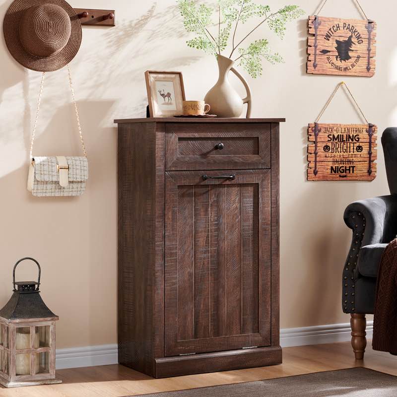 Farmhouse Tilt Out Trash Can Cabinet, Dog Proof Trash Can Cabinet, with Storage Basket for Kitchen - 9 Gallons