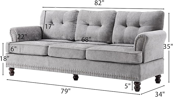(only 1 box) 3 Seat Loveseat Sofa with Rivet Design and Wooden Feets, Mid-Century Love Seat Sofa, Love Seats Furniture for Living Room, Bedroom, Grey
