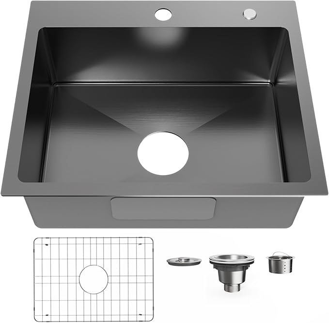 22" x 18" Drop in Kitchen Sink 304 Stainless Steel Single Bowl Topmount Bar Sink with Drain Kit and Bottom Grid, Black Visit the Bathenum Store