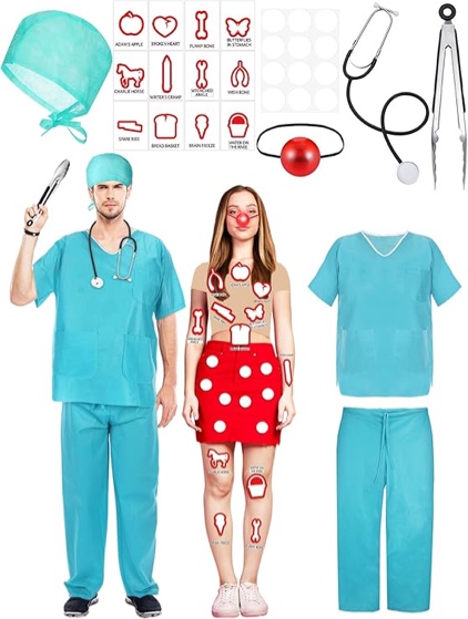 **Incomplete**Realspring 8 Pcs Operation Game Couples Costume Set for Adult Halloween Board Game Couple Costume Medical Doctor Surgeon Red Lighted Nose Patient Costume for Halloween Party Cosplay