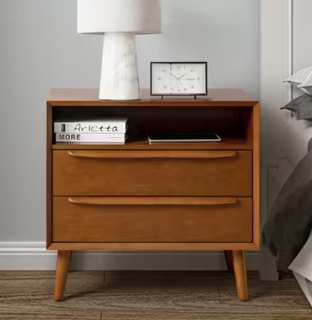 Leslie Mid-Century Modern Acorn 2-Drawer Nightstand with Built-In Outlets