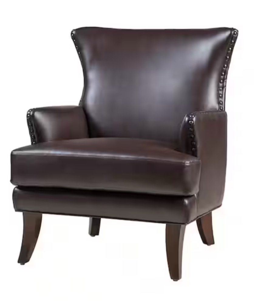 Bonnot Transitional Brown Faux Leather Wingback Armchair with Nailhead Trim and T-Cushion CHLJ0302-BROWN(might be missing hardware)